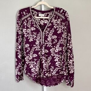 Lucky Brand Womens Top Long Sleeve Embroidered Floral Peasant  XS Burgundy